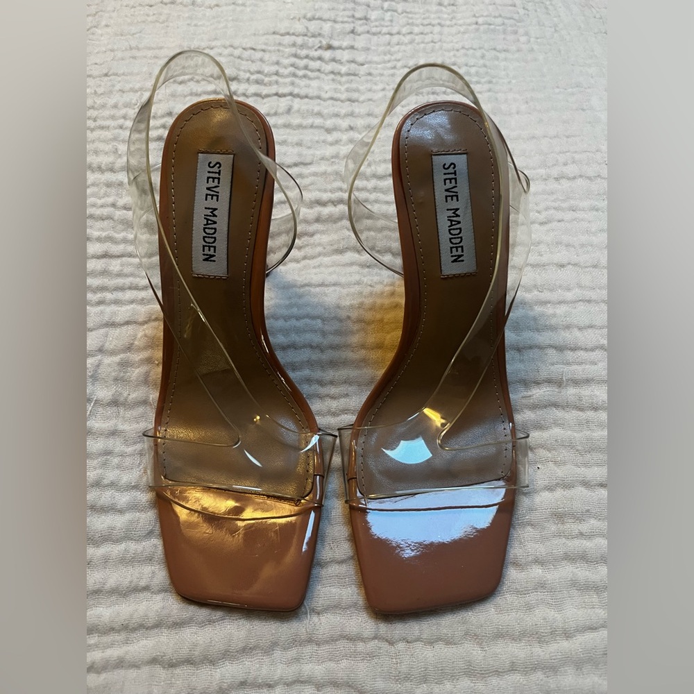 Steve Madden Tan Heeled Sandals with clear vinyl straps